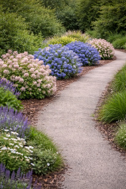 Ceanothus pallidus Perle Rose в ландшафті з синім цеанотусом